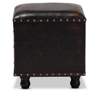 Charlier Rustic Dark Brown Faux Leather Storage Ottoman with Book Spine Drawer
