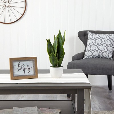 Nearly Natural 16'' Green Plastic Sansevieria Plant in White Pot