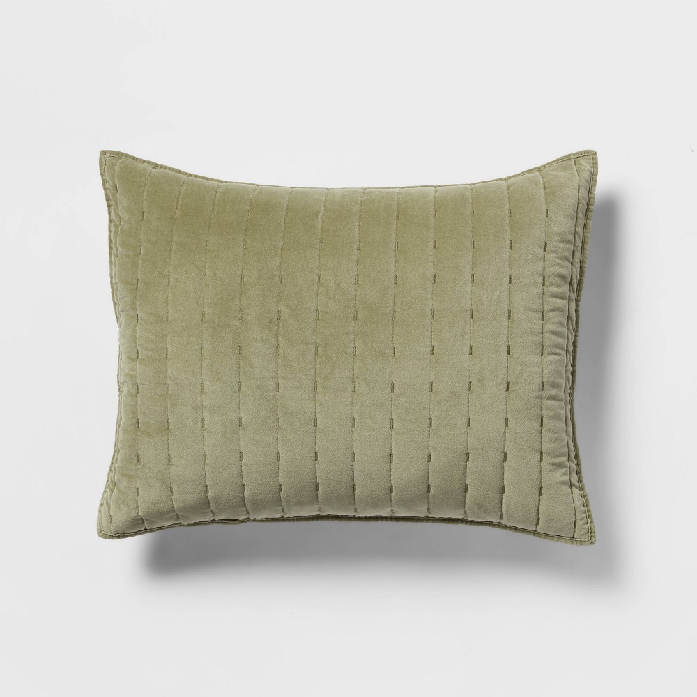 Photos - Bed Linen Standard Channel Stitch Velvet Quilt Sham Green - Threshold™: Cotton Backing, OEKO-TEX Certified, No Flange