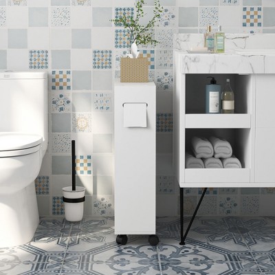 White Slim Bathroom Cabinet with Adjustable Shelving and Wheels