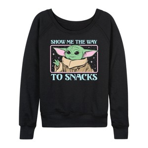 Women's - Star Wars - The Mandalorian Grogu The Way To Snacks Lightweight French Terry Wide Neck Long Sleeve Graphic Shirt - 1 of 4