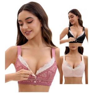 INSPIRE CHIC Front Closure for Women's Lace Full Coverage V Neck Wirefree Adjustable Straps Bras 3 Packs - 1 of 4