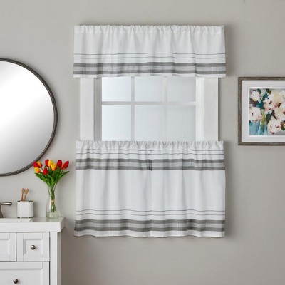 White and Gray Striped Polyester Rod Pocket Window Tiers