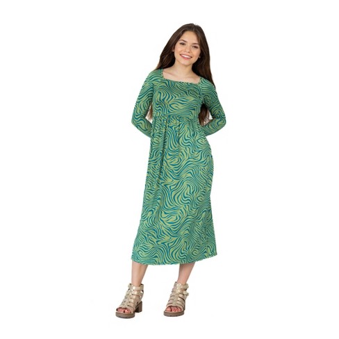 Girls Green Print Long Sleeve Maxi Dress-Multicolored-S