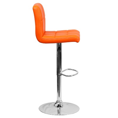 Orange Quilted Vinyl Adjustable Height Swivel Barstool with Chrome Base