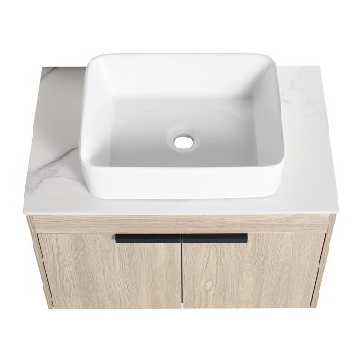 Vynxaria 30 in. Single Floating White Oak Plywood Bath Vanity with White Stone Slab Ceramic Top KD-PACKING Ready to Assemble