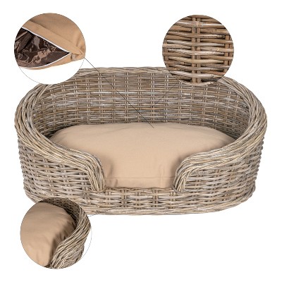 Curved Handwoven Rattan Dog Bed with Polyester Cushion