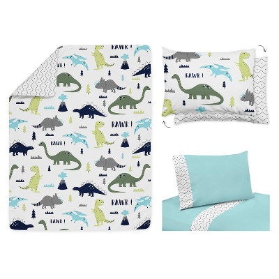 Blue and Green Dinosaur Toddler Bedding Set with Chevron Print