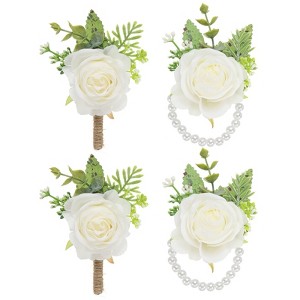 Unique Bargains Rose Wrist Corsage and Boutonnieres Fabric Adjustable Artificial Flowers 4 Pcs - 1 of 4
