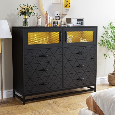 Dresser for Bedroom with LED Lights and Charging Station, 6 Drawer Double Dresser with 2 Shelves