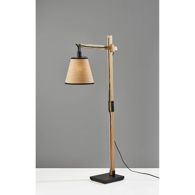 Adjustable Black Metal and Natural Wood Floor Lamp