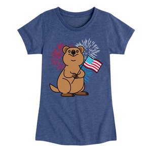 Girls' - Instant Message - Quokka with American Flag & Fireworks Fitted Short Sleeve Graphic T-Shirt - 1 of 4