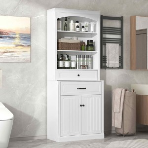 MAYEERTY White Bathroom Cabinet 2 Doors Drawers Adjustable Shelf 3 Open Shelves MDF - 1 of 4