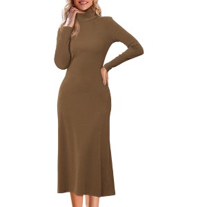 INSPIRE CHIC Women's Turtleneck Casual Basic Long Sleeve Stretch Flowy Ribbed Knit Sweater Midi Dress - 1 of 4