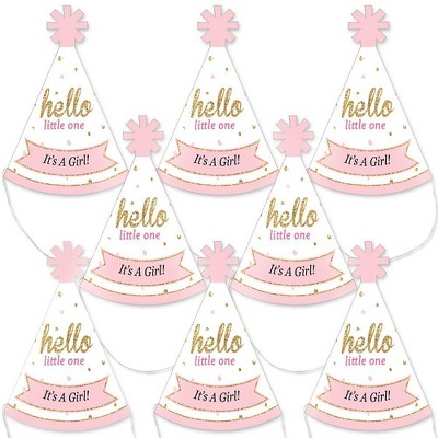 Big Dot of Happiness Hello Little One - Pink and Gold - Mini Cone Girl Baby Shower Party Hats - Small Little Party Hats - Set of 8