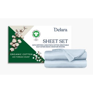 Delara GOTS Certified 100% Organic Cotton Sheet set, 400TC Long Staple, Moisture-Wicking, Smooth & Breathable Sheets, Cal King - Light Blue - 1 of 4