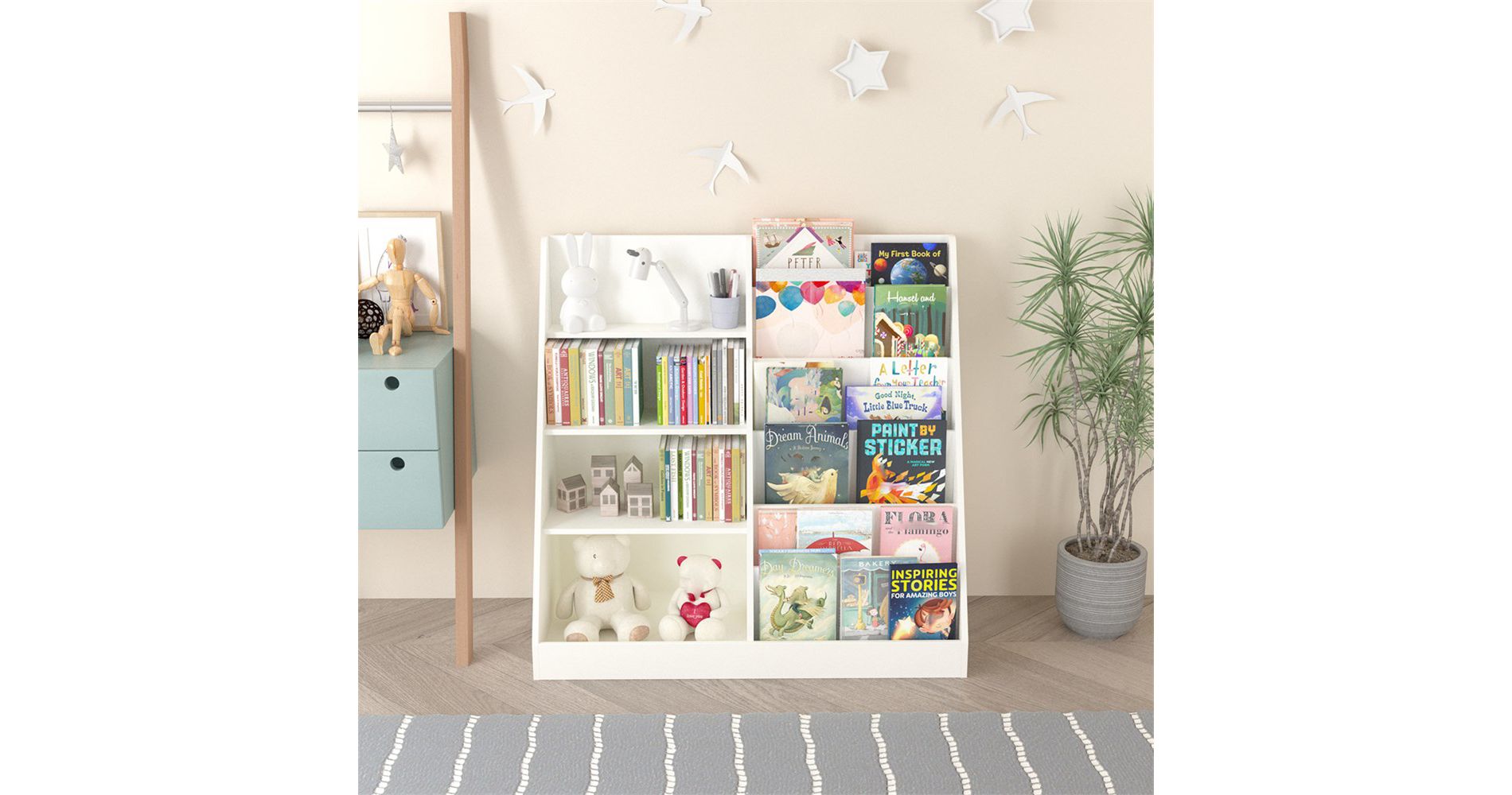4 Tier Kids Wooden Bookshelf, 6 Layer Sling Bookcase, Baby Storage Book Rack, Book Display Shelf, Book Toy Organizer Cabinet For Nursery Playroom