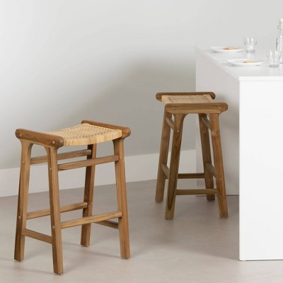 Natural Teak and Rattan Counter Height Bar Stools, Set of 2
