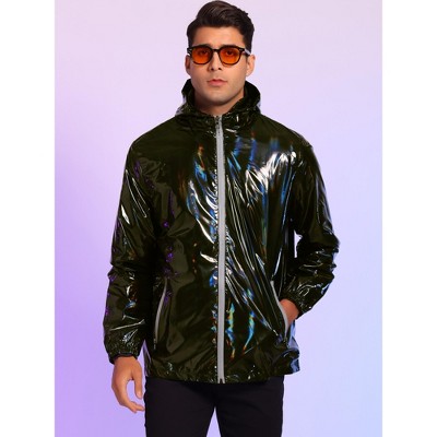 Мужские куртки INSPIRE CHIC Men's Solid Zipper Sparkle Shiny Holographic Hooded Metallic Jacket Silver X Large — фото 2