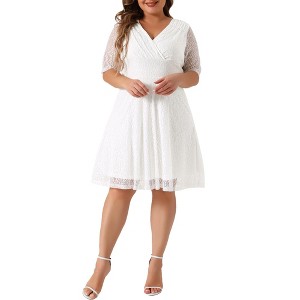 Agnes Orinda Women's Plus Size V Neck Swing Cocktail Wedding Midi Lace A-Line Dress - 1 of 4