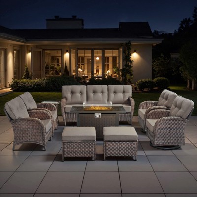 Belord Brown Wicker 9 Piece Patio Furniture Set with 5" Thick Cushions, Outdoor Fire Pit Table Set with Swivel Gliding Rocker Chairs and Club Chairs