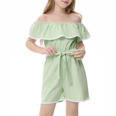 Little Girls One Piece Ruffle Cold One Shoulder Sleeveless Elastic Waist with Bow Strap Jumpsuit Rompers
