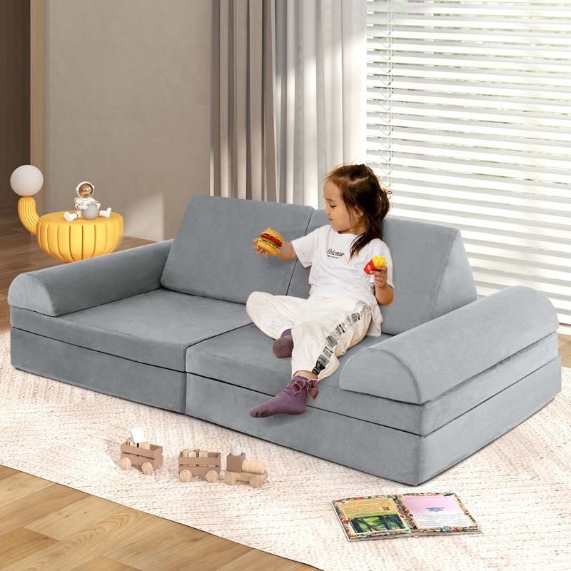 Costway 8 PCS Kids Play Sofa Set Modular Convertible Foam Folding Couch Toddler Playset Blue/Grey/Green, 3 of 11
