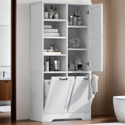 68" Tall Bathroom Storage Cabinet with Doors,Four-layeropen Shelves and Tilt-Out Laundry Hamper,Adjustable Shelf - Leovsnove