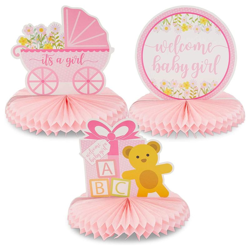 6 Pack (2 of Each) Baby Shower Table Honeycomb Decorations for Girls, 3 Assorted Design, Pink, 8.25 x 7.5 inches, 1 of 8