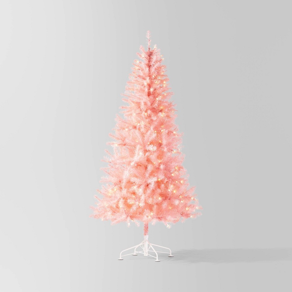 6.5' Pre-lit Pink Tinsel Alberta Spruce Artificial Christmas Tree Clear Lights - Wondershop™