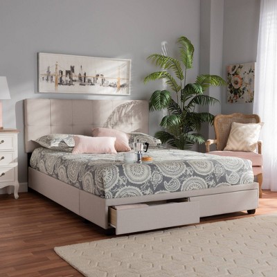 Elegant Beige Linen Queen Storage Bed with Biscuit Tufting