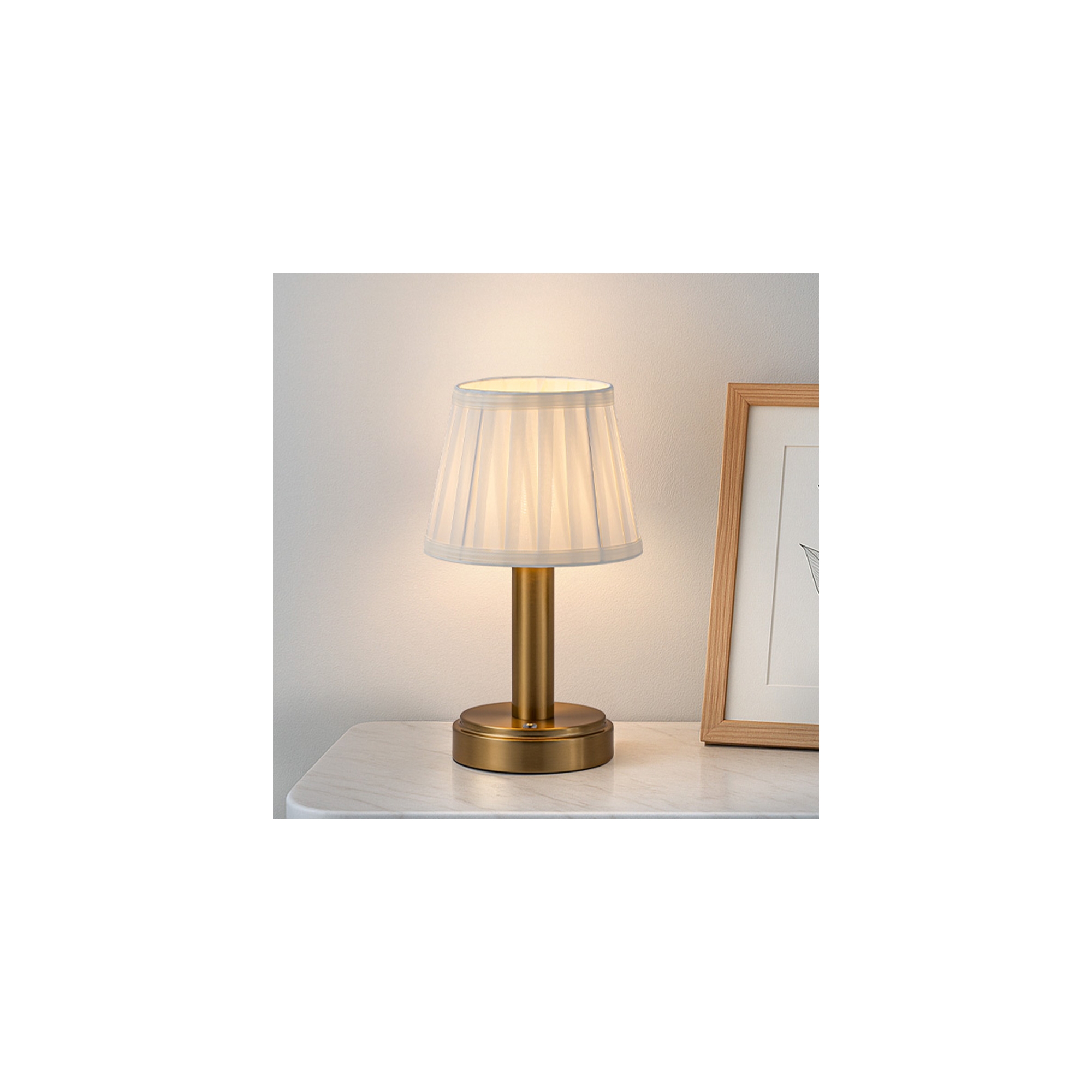 ALOADECOR 11'' Vintage Antique Brass Rechargeable Cordless LED Table Lamp Touch Control with Fabric Shade Dimmable Nightstand Light for Bedroom
