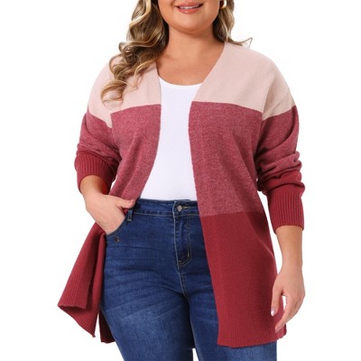 Agnes Orinda Women's Plus Size Striped Color Block Side Slit Long Sleeve Open Front Casual Knit Sweaters Cardigan