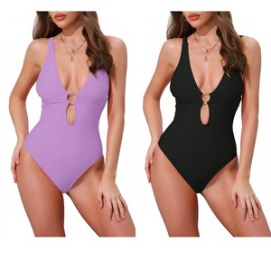 INSPIRE CHIC Women's O Ring Cut Out Deep V Monokini Bikini Suit 2 Sets - 1 of 4