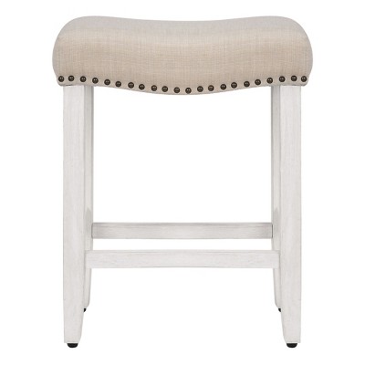 Beige Upholstered Wood Saddle-Style Counter Stool 24"