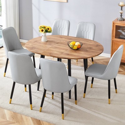 7-Piece Extendable Dining Set with MDF Table and 6 PU Armless Chairs
