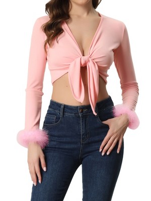 Allegra K Women's Tie Front Long Sleeve Faux Feather Cuff Short Cardigan