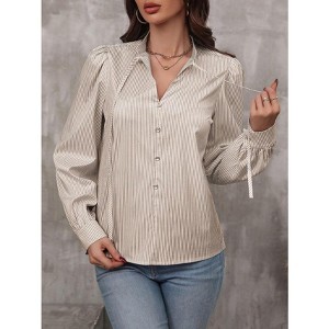 Women's Striped V-Neck Tie Front Shirt - Long Sleeve Button Down Blouse Casual & Work Top - 1 of 4