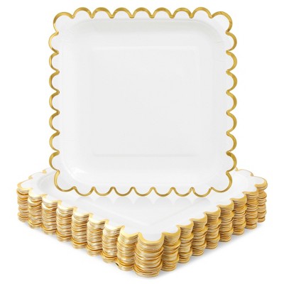 Juvale 48 Pack Square White and Gold Paper Plates with Foil Scalloped Edges for Wedding, Bridal Shower, Birthday, 7 In