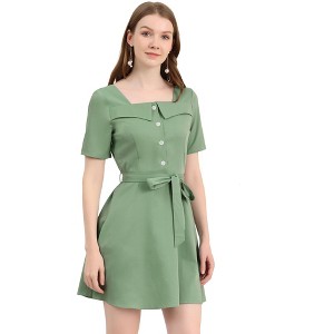 Allegra K Women's Square Neck Tie Waist A-Line Button Down Shirt Dress - 1 of 4