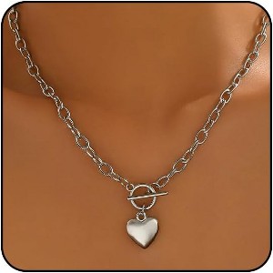 Chunky Heart Statement Necklace for Women, Big Puffy Heart with Chunky Chain - 1 of 4