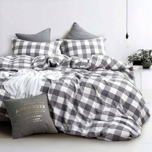 Gingham Cotton Duvet Cover Set, Plaid Buffalo Check, 100 Washed Cotton, Set of 3, Grey White, Queen Size - 1 of 4