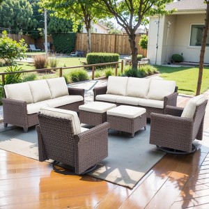 Buenhomino 6-Piece Outdoor Set – 2 Sofas, 2 Swivel Chairs & 2 Ottomans, Handwoven Wicker, Weather-Resistant Cushions for Patio - 1 of 4