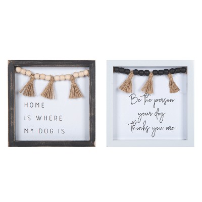 Transpac Wood Dog Sign with Tassels Set of 2 Everyday Home Decorations