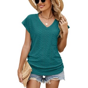 Coolmee Women Summer T Shirts Short Sleeve V Neck Tops Cute Fit Summer Casual Tee Tops Beach S Sky Blue - 1 of 4