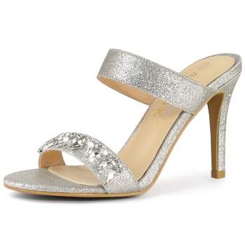 Perphy Women's Glitter Ankle Strap Chunky High Heels Sandals Silver 6 ...