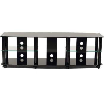 TransDeco 70Inch gloss black tempered glass TV stand with high gloss black finish metal poles