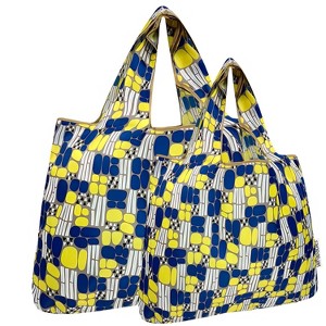 Wrapables Large & Small Foldable Nylon Reusable Shopping Grocery Bags (Set of 2), Yellow and Navy - 1 of 4