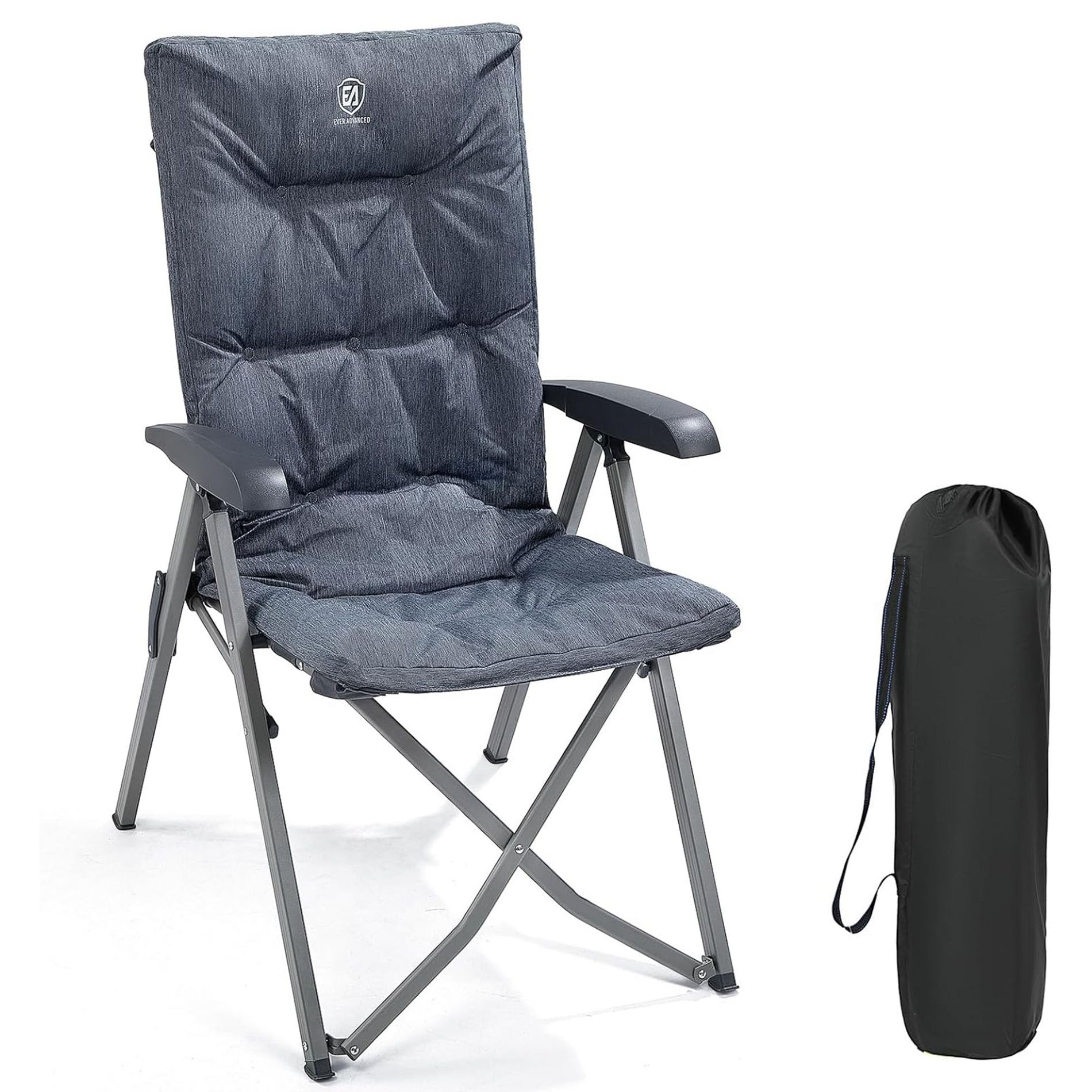 EVER ADVANCED Folding Padded Camping Chair 4 Positon Adjustable Recliner with High Back Support Portable for Adults, 300lbs Weight Capacity Gray