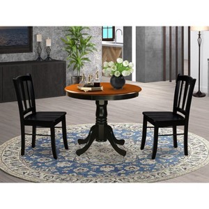 East West Furniture - 3-Piece Dining Room Set- 2 Dining Chair and Modern Round Dining Table - Wooden Seat and Slatted Chair Back (Black Finish) - 1 of 4